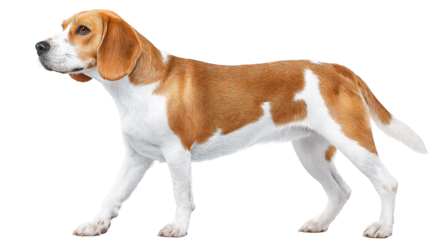 Beagle dog isolated on transparent background with white and brown fur standing in profile view