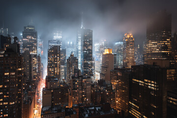 Obraz premium Skyscrapers at night with fog and illuminated windows