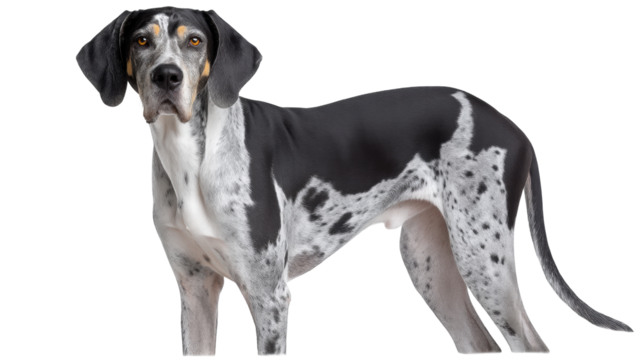 Black and white dog isolated on transparent background with attentive expression and spotted fur