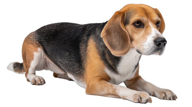 Beagle dog isolated on transparent background lying down calmly with attentive expression - Powered by Adobe