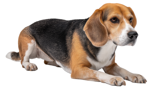 Beagle dog isolated on transparent background lying down calmly with attentive expression