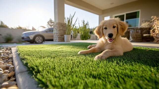Golden retriever puppy lying on artificial grass outdoors