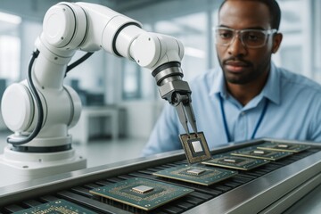 Robotic arm assembling microchips on conveyor belt in high-tech laboratory as engineer observes closely in bright science background setting. Ai generative