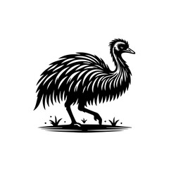 Black silhouette of an emu walking on grass