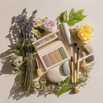 Vista superior de maquillaje org&aacute;nico y productos de belleza femenina con tonos tierra
