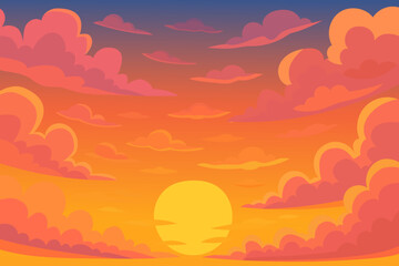 Sunset anime landscape with glowing sky and pink clouds for dreamy scenes or tranquil backgrounds, illustrated by warm colors with soft light and perfect for prints or digital art.
