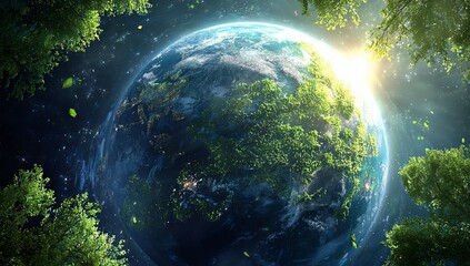 3D illustration of planet Earth with green trees and leaves on the surface, space background with sun, stars, and sky. World Environment Day concept.