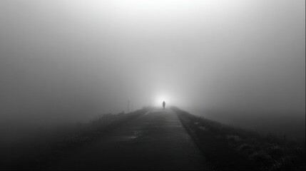 Foggy path, solitary figure