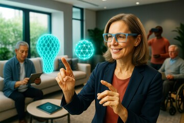 Woman using augmented reality interface with holographic shapes in modern room, engaging with futuristic technology concept in bright background. Ai generative