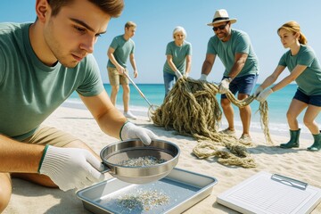Group of volunteers removing microplastics and marine debris from beach under bright sunlight, teamwork environmental cleanup concept. Ai generative