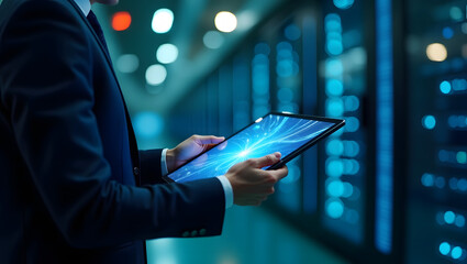 Businessman analyzing digital data on a tablet in a server room