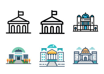 Collection of vector icons depicting government buildings and historical landmarks