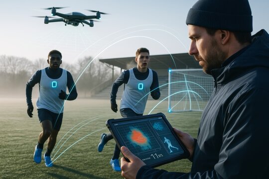 Futuristic sports training with drone and tablet-based performance tracking on foggy field background with digital light data concept overlay. Ai generative