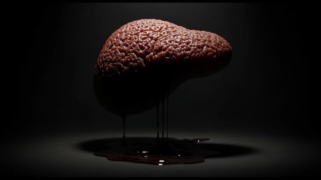 A diseased or damaged organic form, resembling a human organ, slowly drips dark blood onto a shadowy surface in a chilling 3D animation loop.