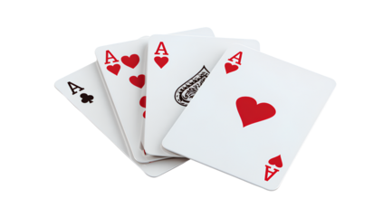 3D render of playing cards with four aces, white background, flat design illustration, vector style, clipart, PNG, white color, Transparent background PNG