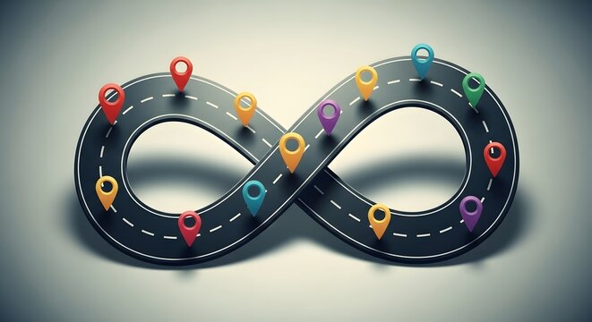 Colorful Road Loop with Map Pins Representing Infinite Path and Navigation