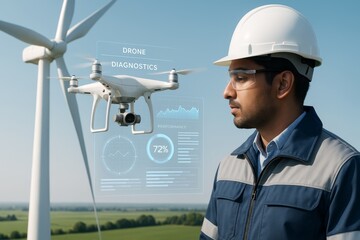 Engineer using drone diagnostics for wind turbine inspection with futuristic technology interface in bright daylight on green field background. Ai generative