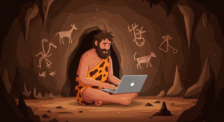 A humorous illustration showing the evolution of communication with a caveman computer. A prehistoric man in a loincloth uses a modern laptop, juxtaposing ancient cave art with new technology.