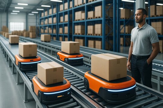 Automated robots transporting boxes in high-tech warehouse with man supervising on modern industrial background under bright lighting setup. Ai generative