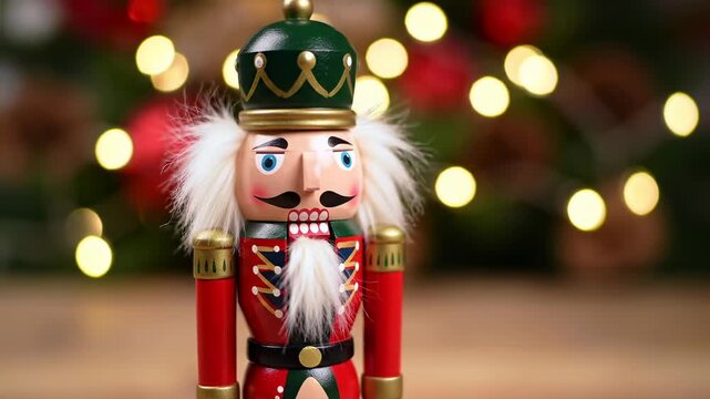 Christmas nutcracker figurine with blurred lights