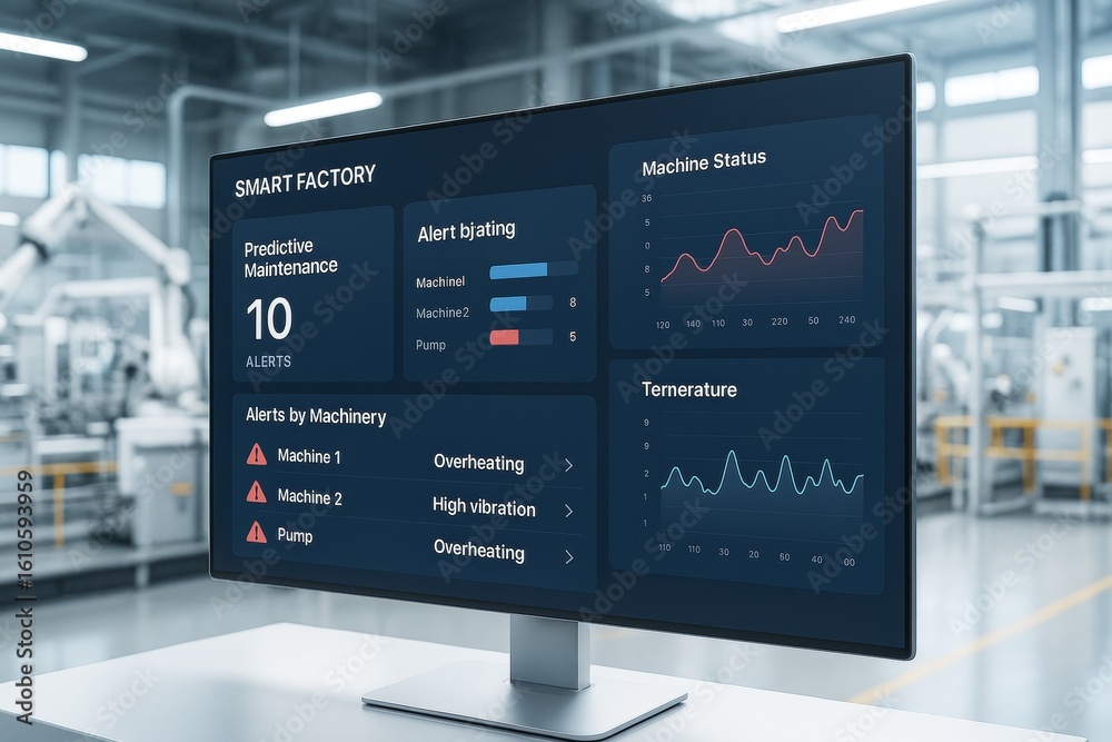 Poster smart factory dashboard screen showing industrial predictive maintenance data and machine alerts in 