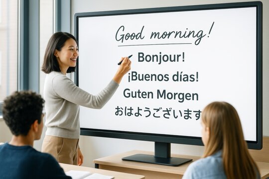 Smiling teacher using digital screen to teach multilingual greetings to students in modern classroom setting with natural light background. Ai generative