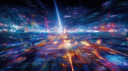 Obraz premium 光の線で構成された未来都市のデータネットワーク | Data network of a futuristic city composed of lines of light