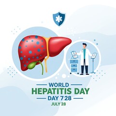 World hepatitis day awareness campaign featuring a realistic human liver and medical professional illustrating health and prevention