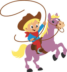 Cartoon boy riding horse, cowboy outfit, lasso in hand, western adventure vector, kids rodeo fun, wild west concept