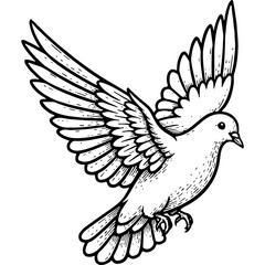 Obraz premium Flying Dove in Rustic Woodcut Style. Vintage Engraved Bird Illustration Symbolizing Peace, Freedom, and Hope.
