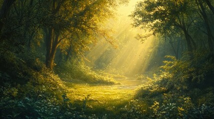 Obraz premium Sunlit Forest Path and Stream.