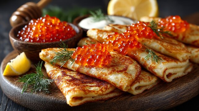 Traditional russian blini with caviar and sour cream on a rustic wooden platter.