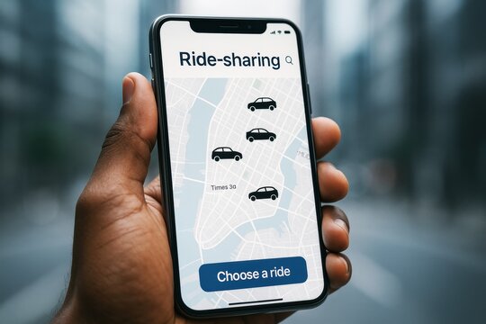 Hand holding smartphone with ride-sharing app showing cars on city map, urban transport concept on blurred city background, modern mobility tech. Ai generative