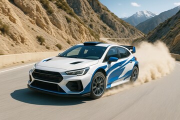 Naklejka premium Blue and white rally car drifting on mountain road with dust trail, showcasing motion and speed in rugged terrain with scenic background. Ai generative