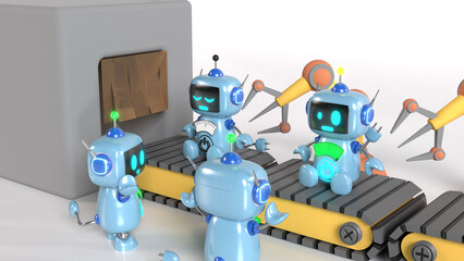 Fototapeta premium 生産されるかわいい青いロボット工場のイラスト