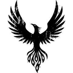 Obraz premium Powerful Phoenix Bird Silhouette in Rustic Woodcut Style. Distressed Mythological Creature Graphic Symbolizing Rebirth & Strength.