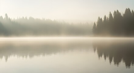 Still lake with thick fog surrounding pine trees in the background.