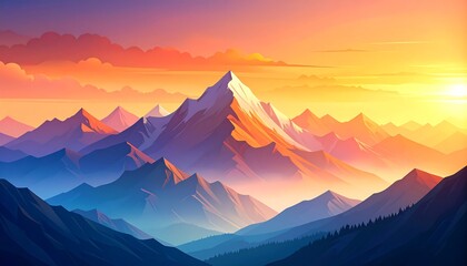 Serene mountainous panorama with warm gradient, capturing the tranquility of dawn