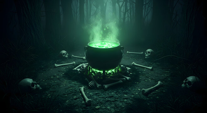 Mystical cauldron with a bubbling green potion glows in a dark forest at night, the scene of a sinister witchcraft ritual surrounded by skulls and bones.
