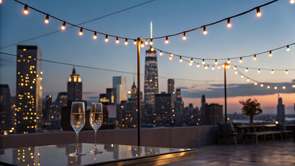Romantic Rooftop Champagne Toast: Cityscape Sunset with String Lights
