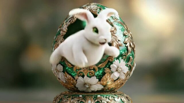 White Bunny Inside Ornate Faberg&eacute; Egg &ndash; Luxurious Easter Design with Golden Flowers and Emerald Green Jewel Decoration

