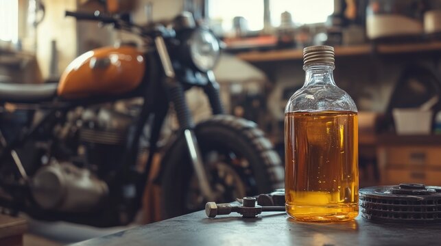 Motorcycle Maintenance:  A bottle of golden engine oil sits on a workbench, with a vintage motorcycle in the soft-focus background.