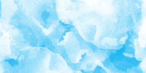 This image gives the impression of soft clouds in a sky blue watercolor image, Soft pastels mixed blue and white colors, soft paper textured canvas element for text design.