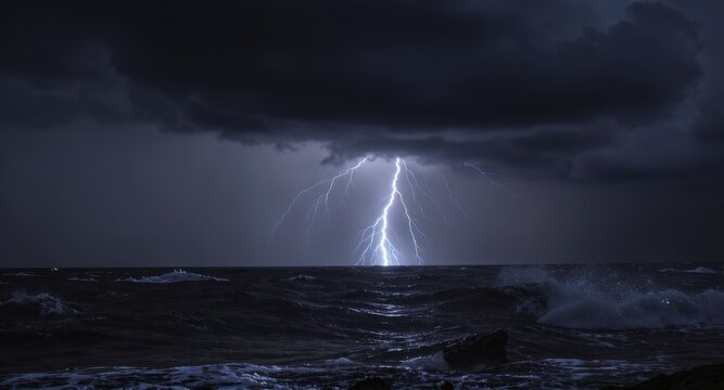 Sea storm with lightning during dark night - Powered by Adobe