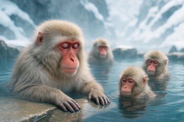 Naklejka premium Snow monkeys relaxing in hot spring surrounded by snowy mountains in tranquil atmosphere with soft light and peaceful winter background. Ai generative