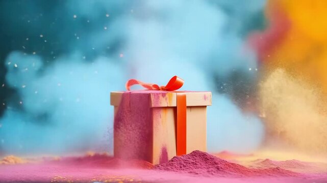 A beautifully decorated gift box for the holi festival surrounded by a burst of colorful powders, representing the joy and exuberance of the traditional indian celebration of colors.