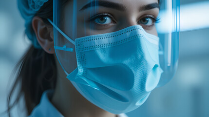 Scientist virologist in respirator. Slow motion. Woman close up look wearing protective medical mask. Concept health safety N1H1 virus protection coronavirus epidemic 2019 nCoV. Chroma key blue film.