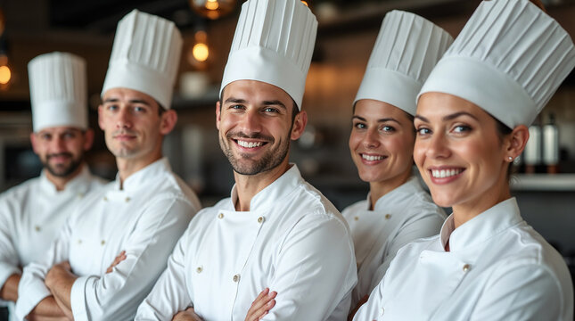 Close-up portrait of a group of professional chefs in clean white uniforms and tall chef hats