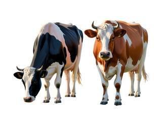 Black white cow brown white cow grazing isolated on a transparent background cattle animal