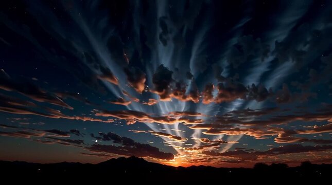cinematic timelapse video capturing the full cycle of the sun rising, traveling across the sky, and setting as the moon then rises into the night, dramatic lighting transitions from golden sunrise to 